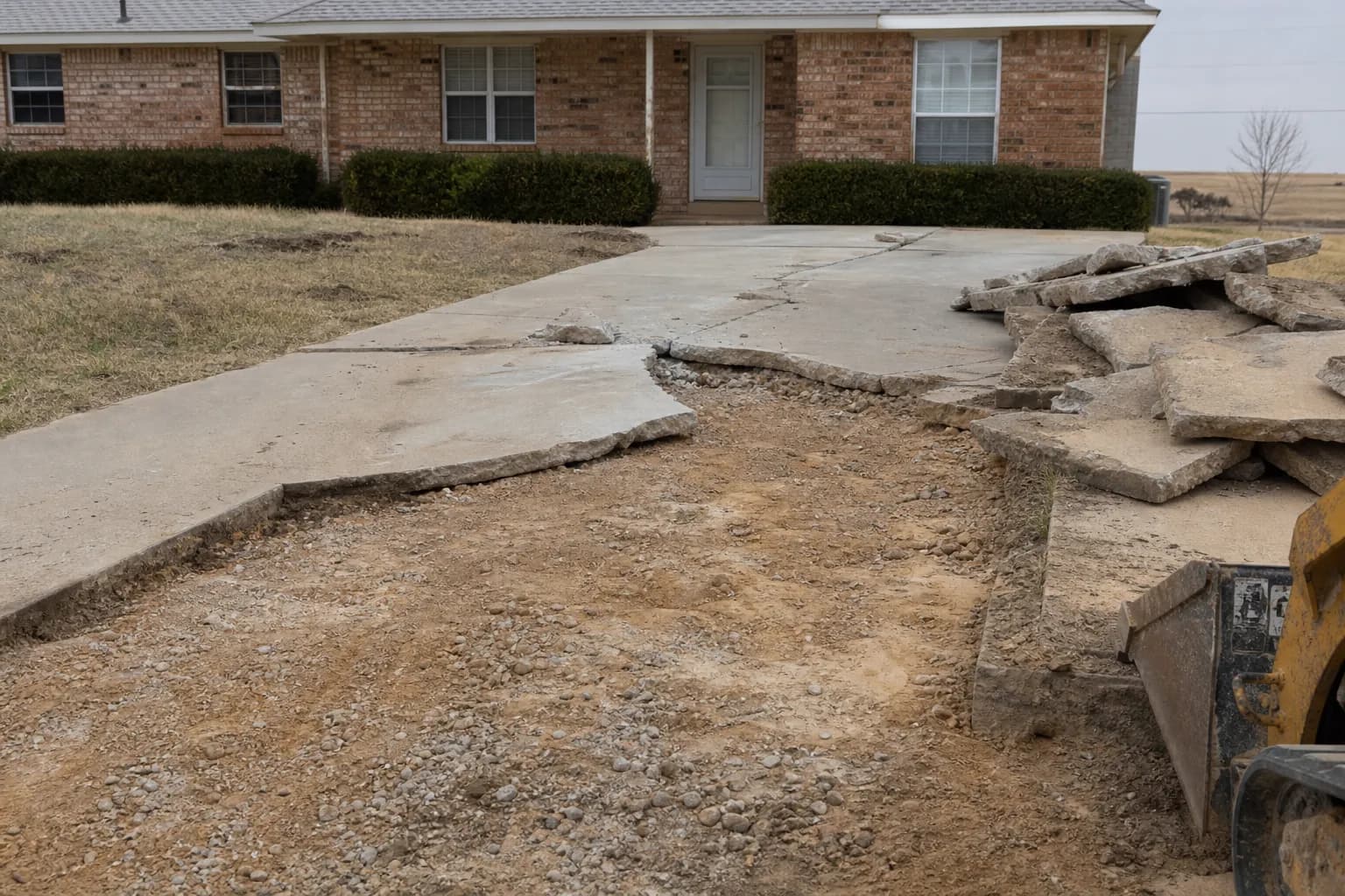 Old concrete driveway broken into chunks during removal, with the compacted base exposed in front of a brick house