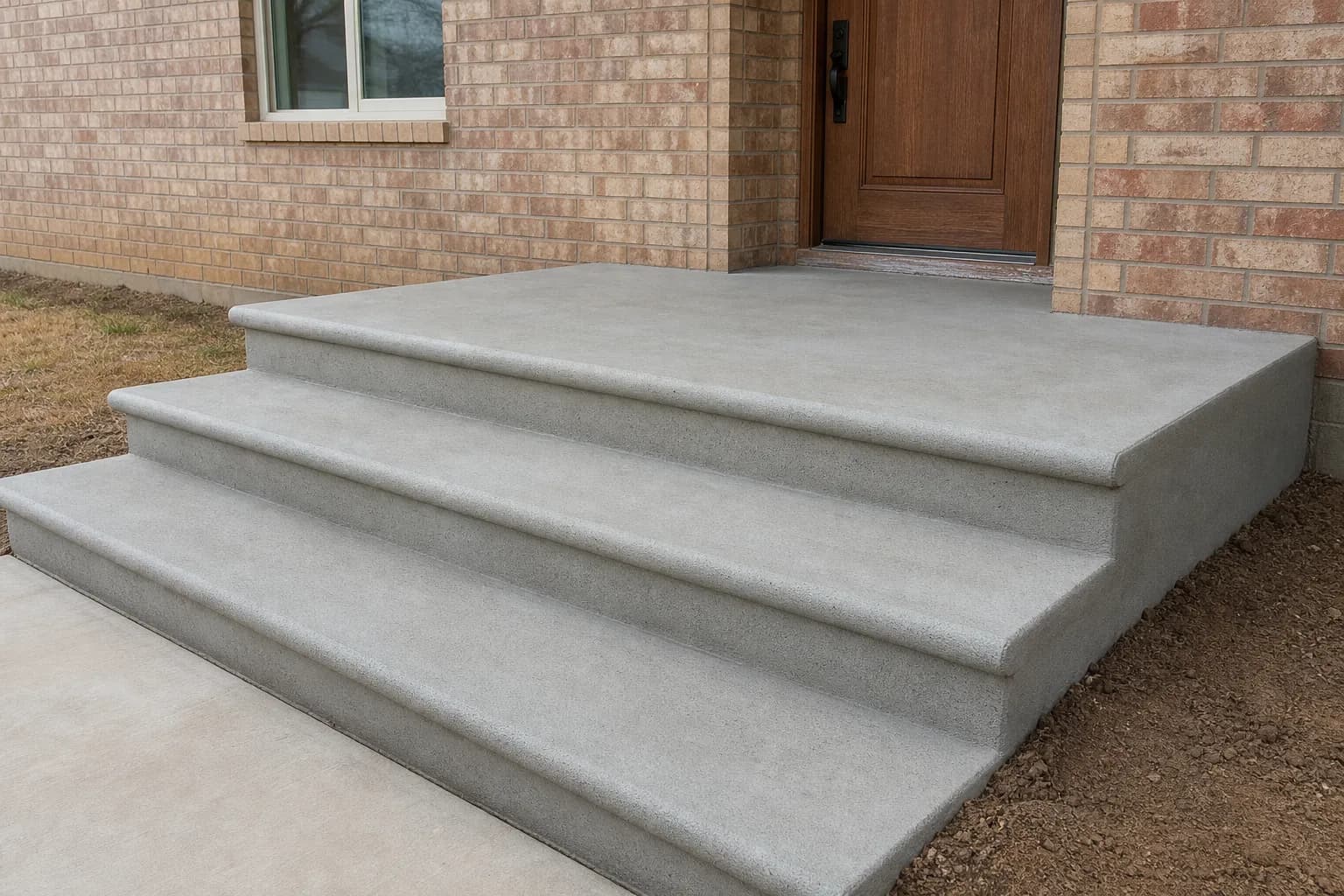 Three wide poured concrete front steps with clean bullnose edges leading to the door of a brick ranch house
