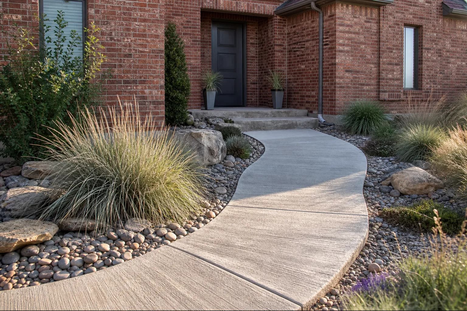 Broom-finish concrete walkway leading to a brick house entry through a xeriscape bed of grasses and river rock