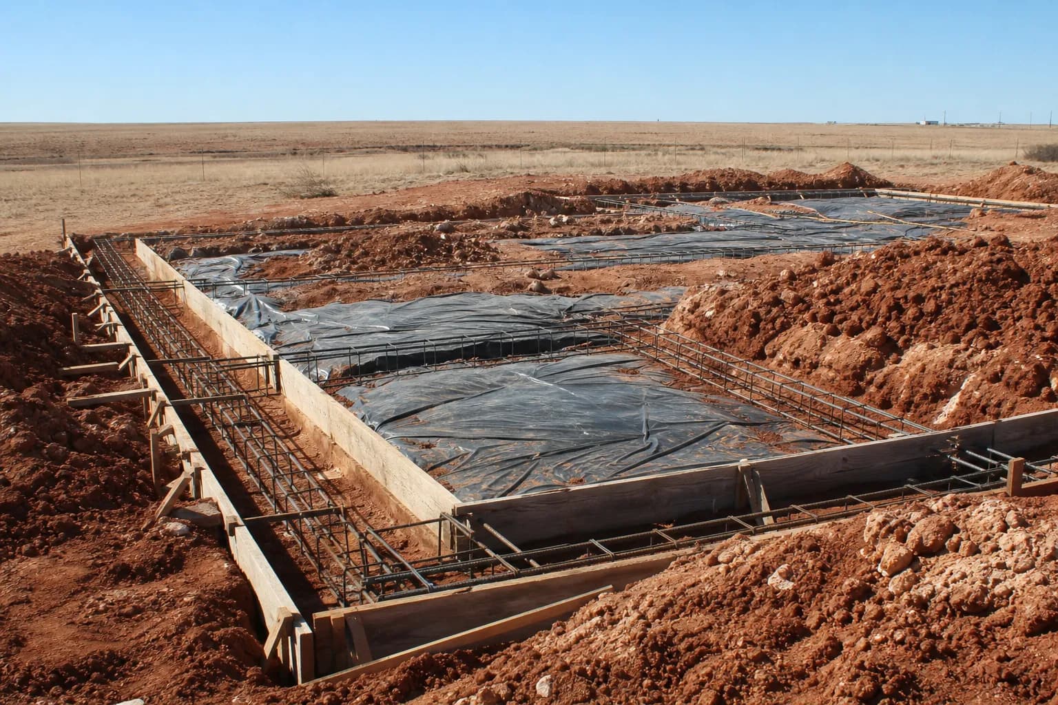 Residential foundation under construction with rebar cages in excavated grade beams, plastic vapor barrier and wooden forms