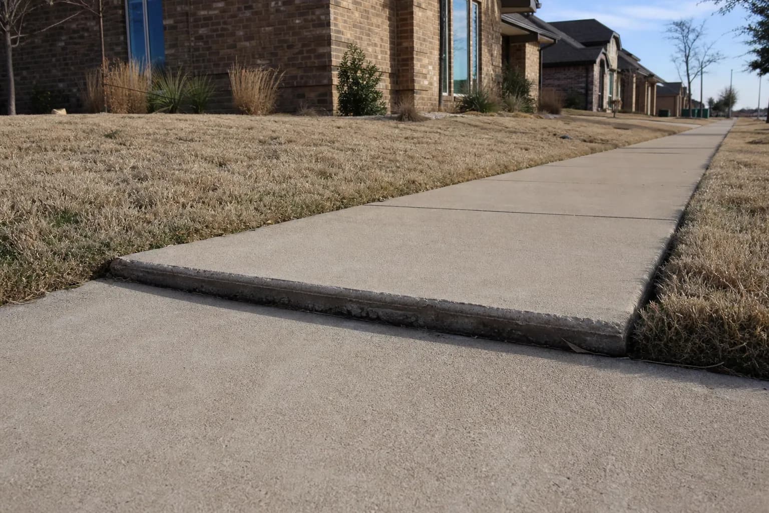 Residential sidewalk with one concrete panel sunken and tilted, creating a trip edge between level neighboring panels