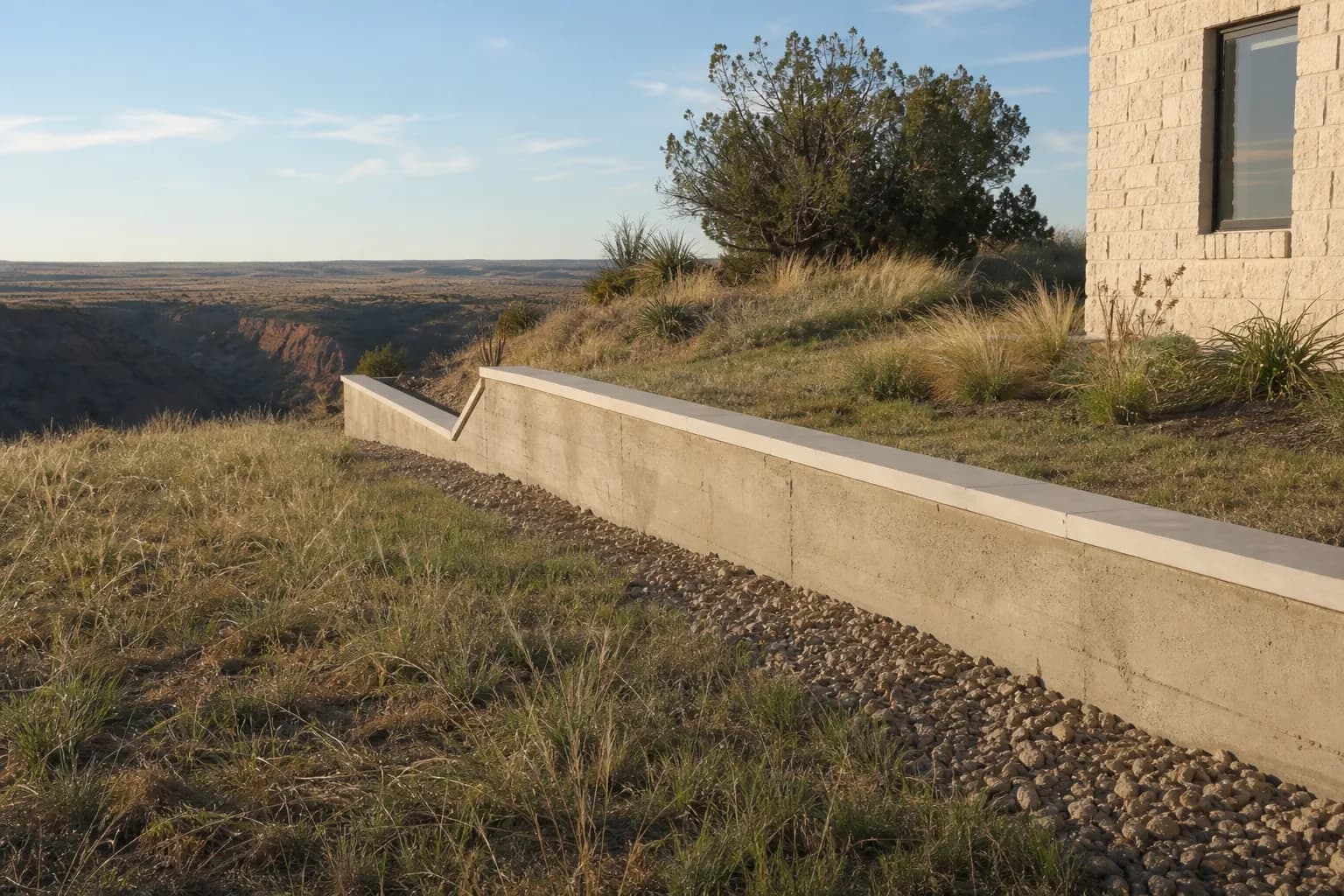 Low poured concrete retaining wall with a smooth cap stepping down a gentle slope beside a home near a canyon rim